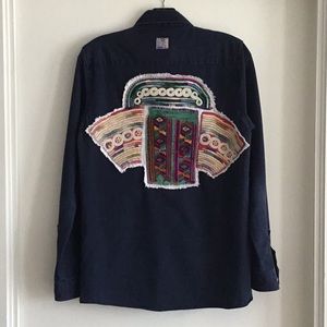 Work shirt with hand embroidery on back